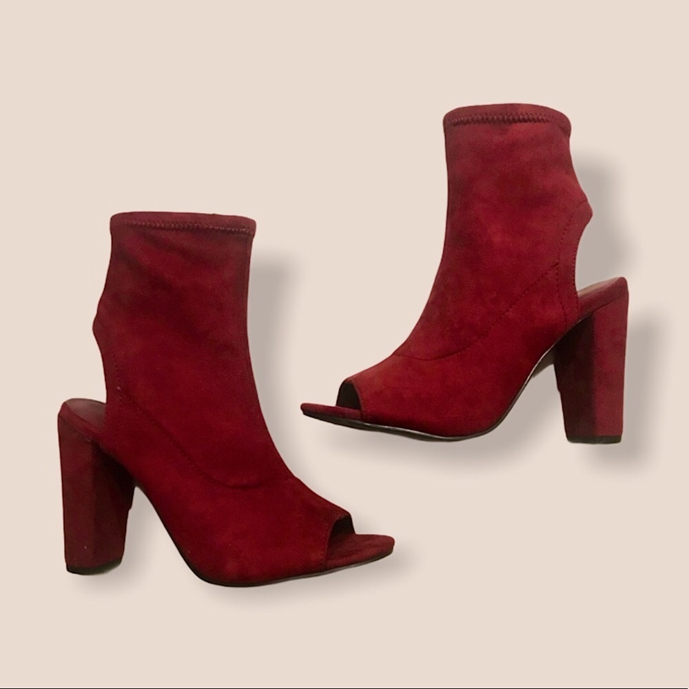 Lulu’s Burgundy Velvet Slingback Peep Toe Booties